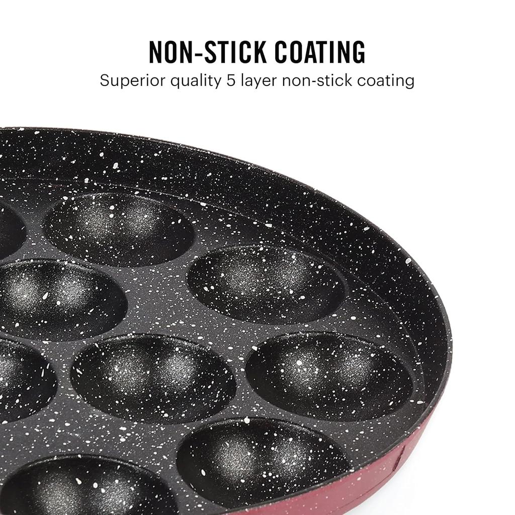 Cello Non Stick 12 Cavity Appam Maker Pan For Healthy Cooking With Easy Grip Handle And Sleek Maroon Finish For Compact Kitchen Style
