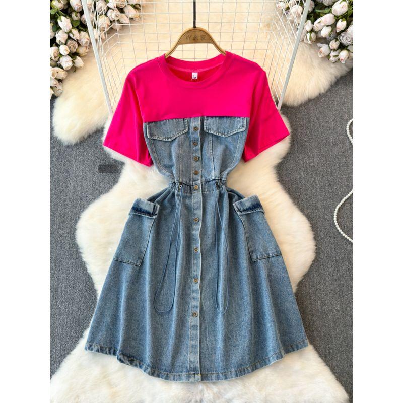 Spring and Autumn Fashion A- line Denim Dress Fake Two-Piece
