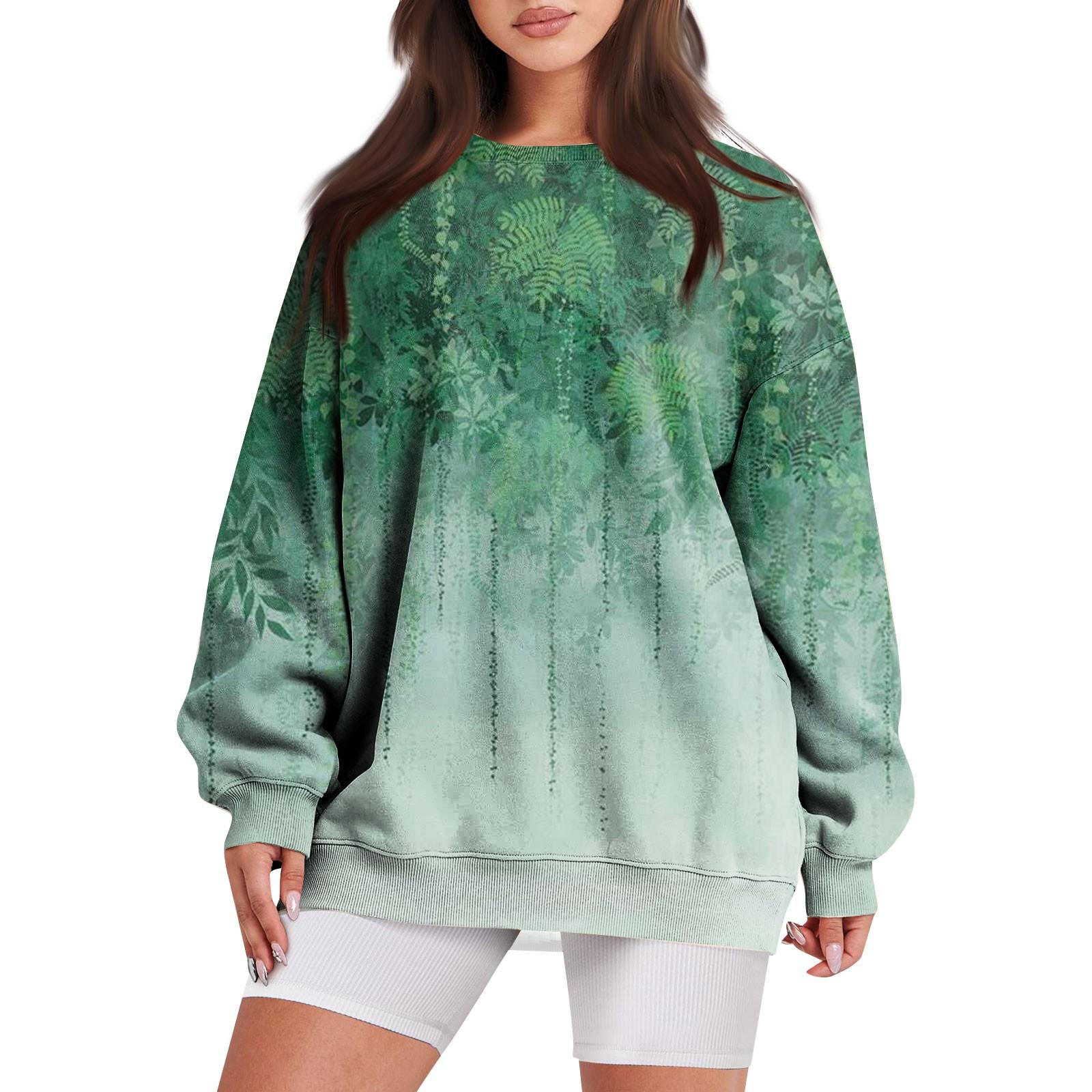 

Женская повседневная свободная толстовка с длинными рукавами и круглым вырезом с цветочным принтом и карманом XL зелёный