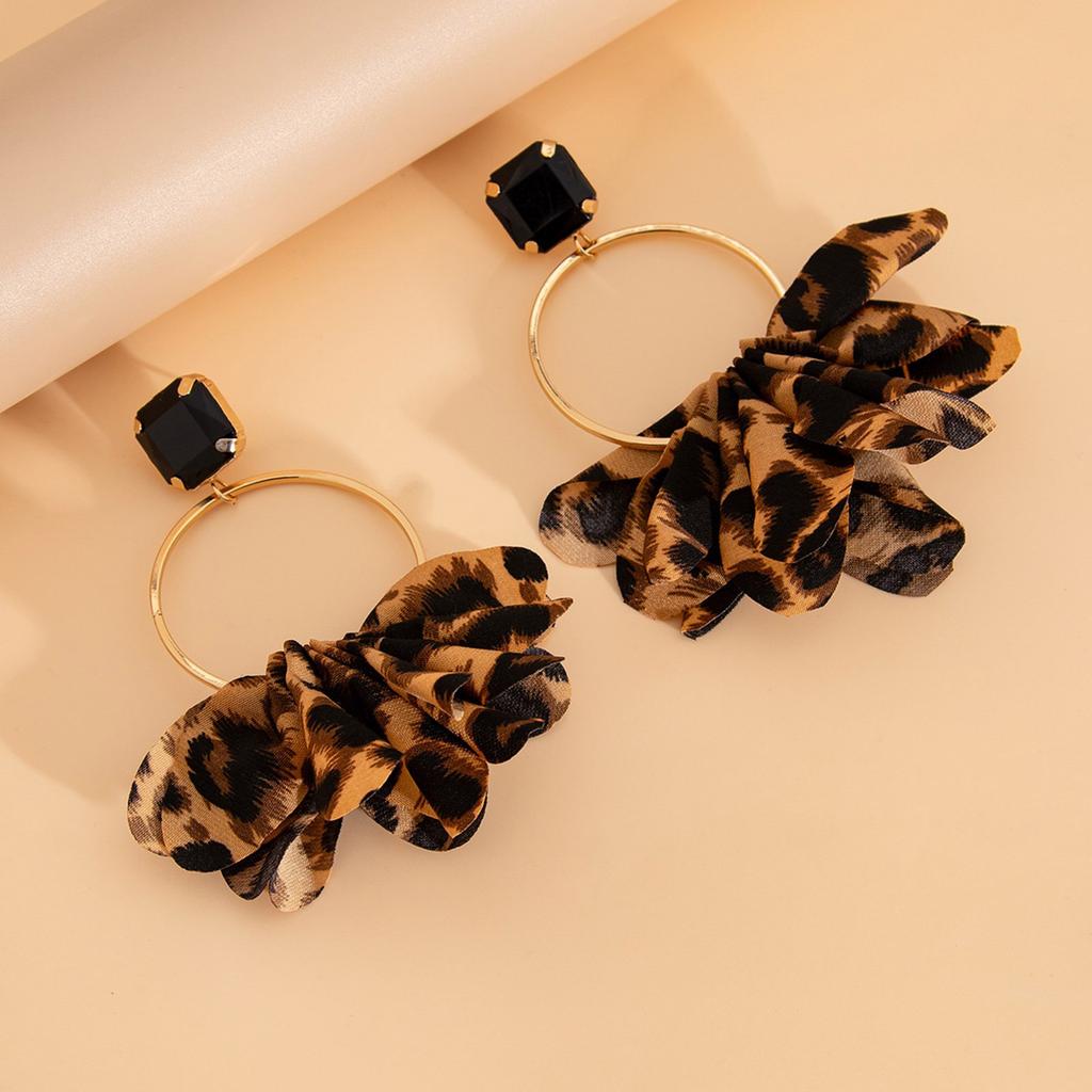 Retro Leopard Print Fabric Earrings for Women Exaggerated Black Geometric Rhinestones Circle Designs Ear Jewelry Gift