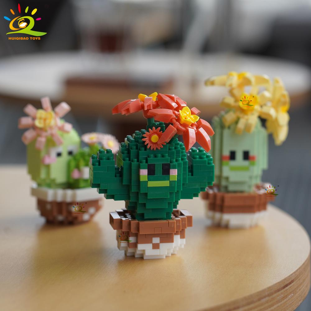 HUIQIBAO Mini MOC Cactus Potted Plant Micro Building Block 3D Diamond Flower Desk Decoration Model Brick DIY Toys for Children