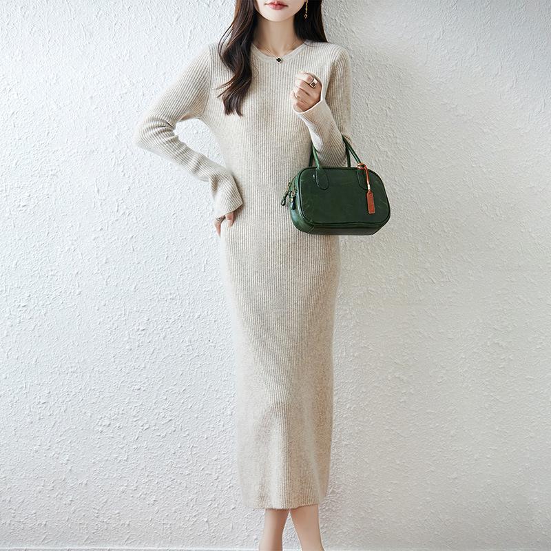 Elegant Women's Round Neck Slim Fit Wool Knit Dress