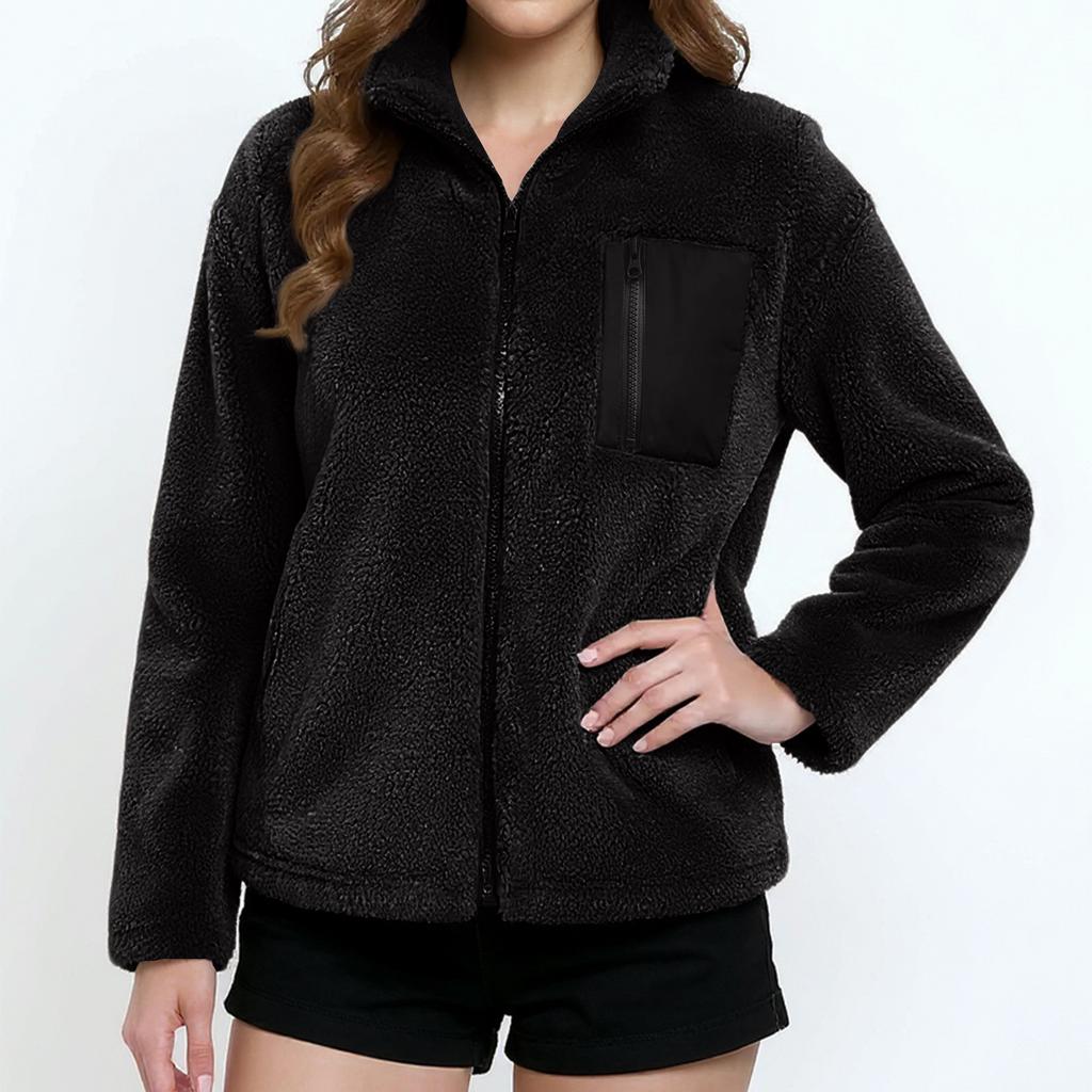 Women's Solid Color Plush Zipper Long Sleeved Pocket Jacket