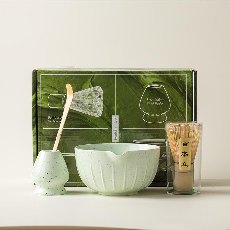 Zestaw Japońskiej Matchy 4/7 Szt. z Wypukłą Ceramiczną Miseczką, Bambusową Ubijaczką Matcha i Łyżeczką do Herbaty do Samodzielnego Robienia Herbaty, Akcesoria