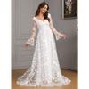 Damen V-Ausschnitt Langarm Spitze Hochzeitskleid A-Linie Bodenlang Schleppe Brautkleid Herbst Winter Elegant Formell Abendparty Brautjungfernkleid