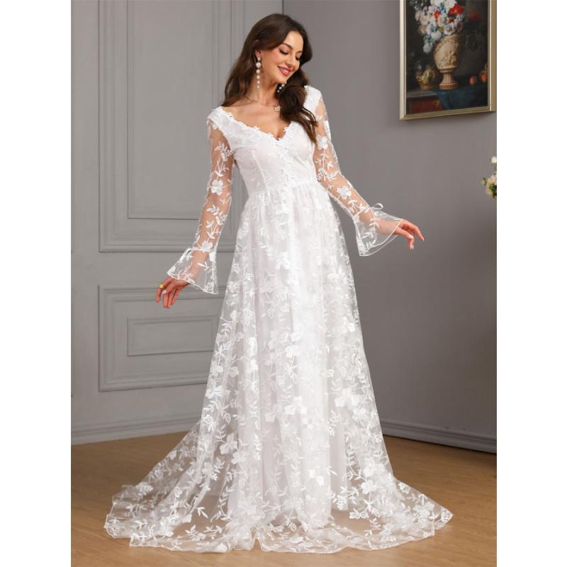 Damen V-Ausschnitt Langarm Spitze Hochzeitskleid A-Linie Bodenlang Schleppe Brautkleid Herbst Winter Elegant Formell Abendparty Brautjungfernkleid