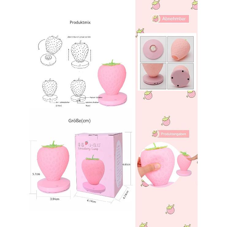 Strawberry Night Light, Cute Silicone Strawberry Lights Kawaii Room Decor, USB Rechargeable Bedside Lamp 3 Gear Touch Lighting, Cute Strawberry Gifts