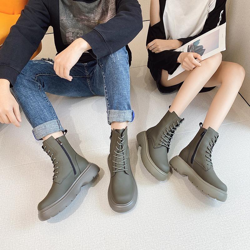 Martin boots women's spring and autumn new leather British thick-soled medium boots couple men's retro locomotive boots