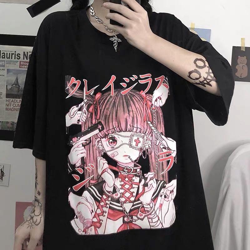 Women T-shirt Harajuku Goth Female Tee Aesthetic Loose Punk Dark Grunge Ladies Gothic Top T-shirts Clothes Y2k Streetwear