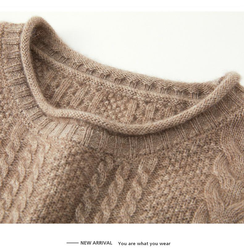 Women's Retro Cable Knit Cashmere Sweater, Round Neck with Rolled Hem, Thick Loose Fit, Cozy Inner/Base Layer.
