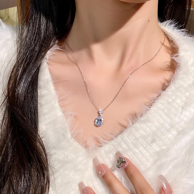 S925 Sterling Silver Necklace For Women Inlaid Natural Aquamarine Korean Ins Style Light Luxury High Grade Versatile Fashion Fine Jewelry