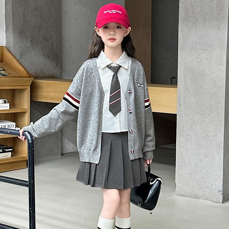 Girls' Autumn Preppy JK Shirt, Pleated Skirt, and Cardigan Set