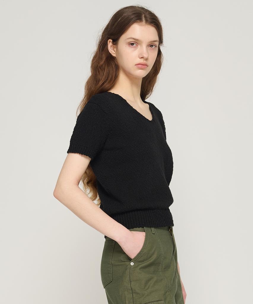 CARGOBROS FOR WOMAN Boucle V-Neck Short Sleeve Knit (Black)