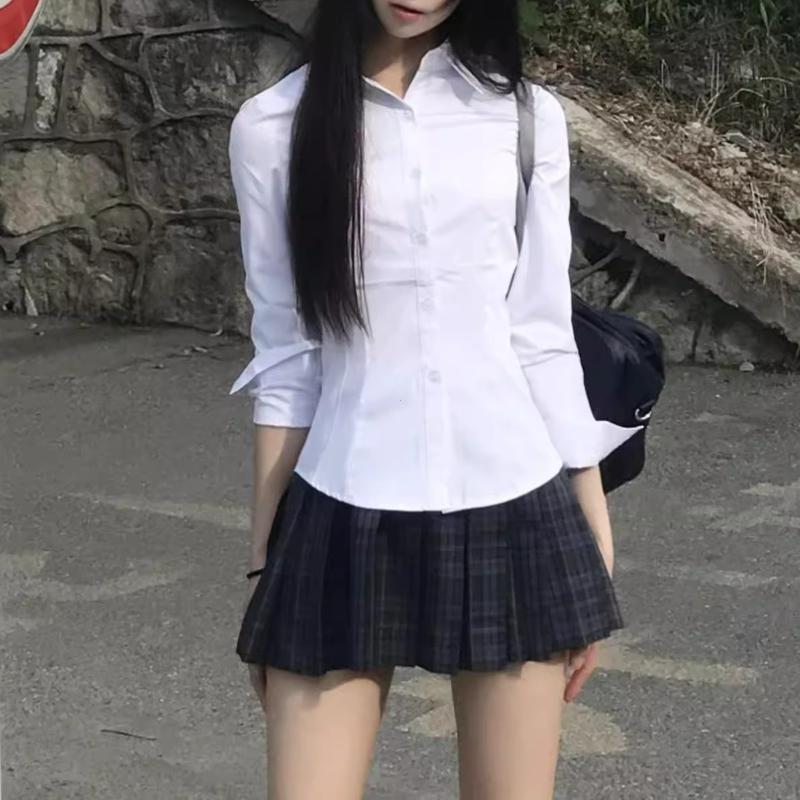 Harajuku Y2K Slim Fit White Shirt Women Waist Slimming Long Sleeve Jk Shirts Woman All Match Turn Down Collar Chic Blouse