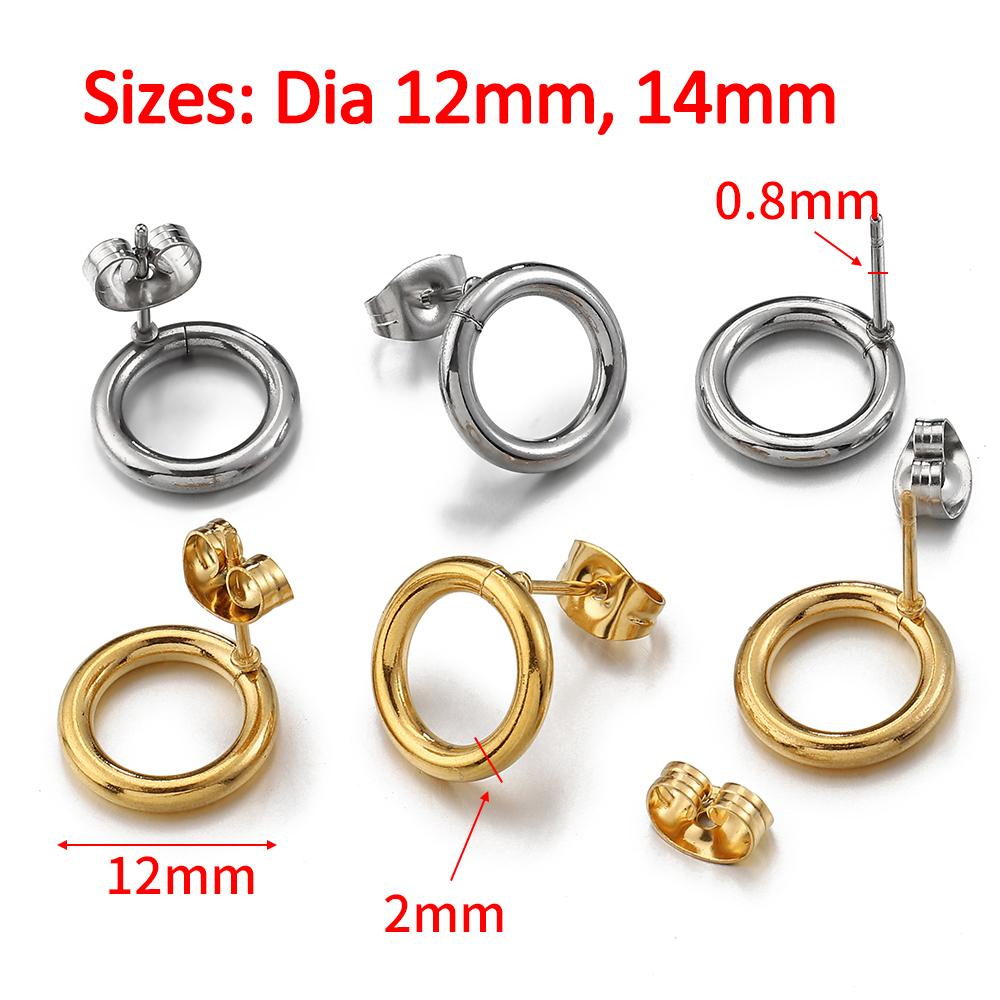 10pcs Stainless Steel Circle Ear Studs Earring Post Gold Color Round Loop Earrings Base for Hypo-Allergenic Jewelry Making DIY