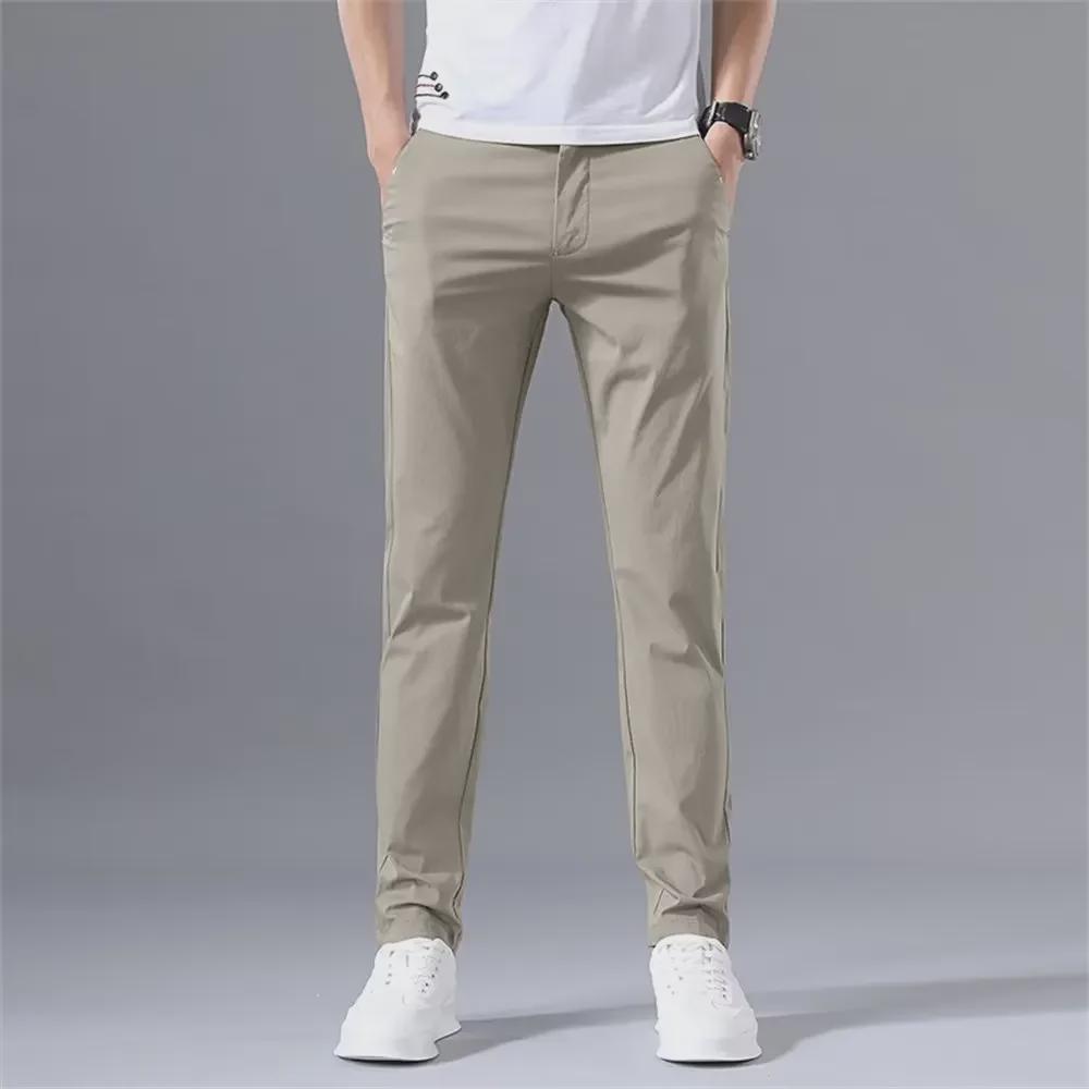 2025 Men's Summer Slim Straight Ice Silk Pants - Elastic, Solid Color, All-Match Casual Trousers