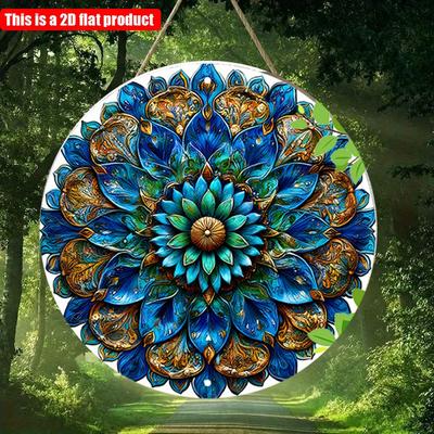 2D επίπεδο 20*20cm 1 τεμ. Βίντατζ Μπλε Μάνταλα με Μοτίβα Φύλλων Τέχνη Τοίχου Στρογγυλή Σήμανση, φωτεινή συμμετρία Μπλε Λουλούδια Θέμα Ξύλινο Κρεμαστό, Εφαρμόσιμο Μπαρ