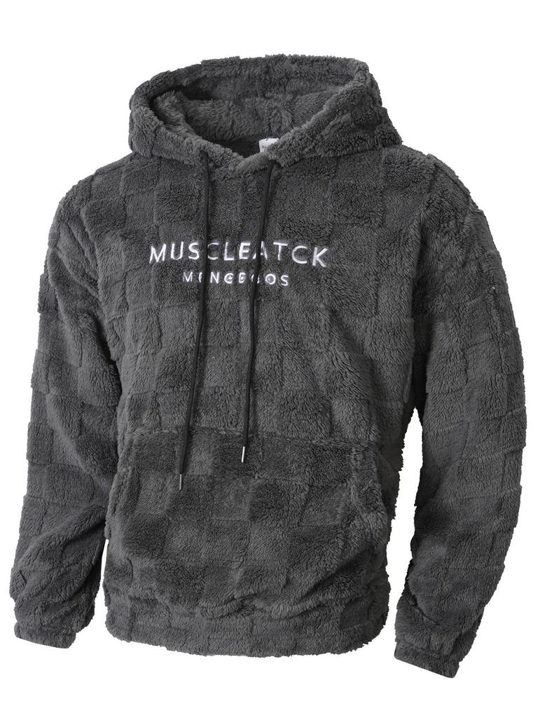 2025 Autumn/Winter Men's Embroidered Fur Hoodie with Drawstring