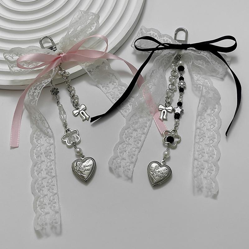 Goth Y2K Lace Bow Key Chain Heart Charm Pendant Kawaii Leopard Key Chain for Bag Accessory Women Trendy Tassel Chain Jewelry
