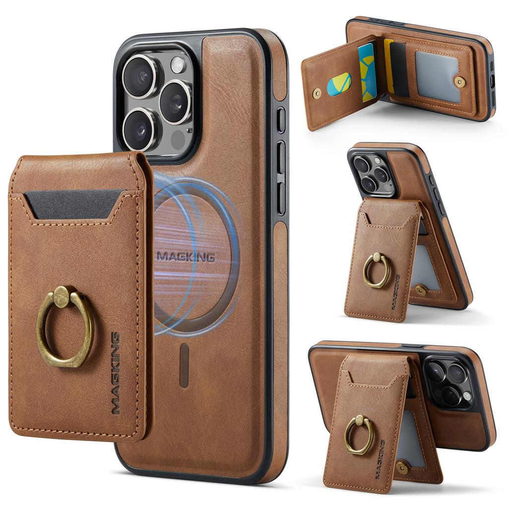 MAGKING K1 Series For iPhone 15 Pro Magnetic Case PC+TPU+PU Phone Cover with Card Holder Kickstand