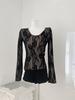 Women's Retro Black Velvet Lace Long Sleeve Top - Chic & Versatile