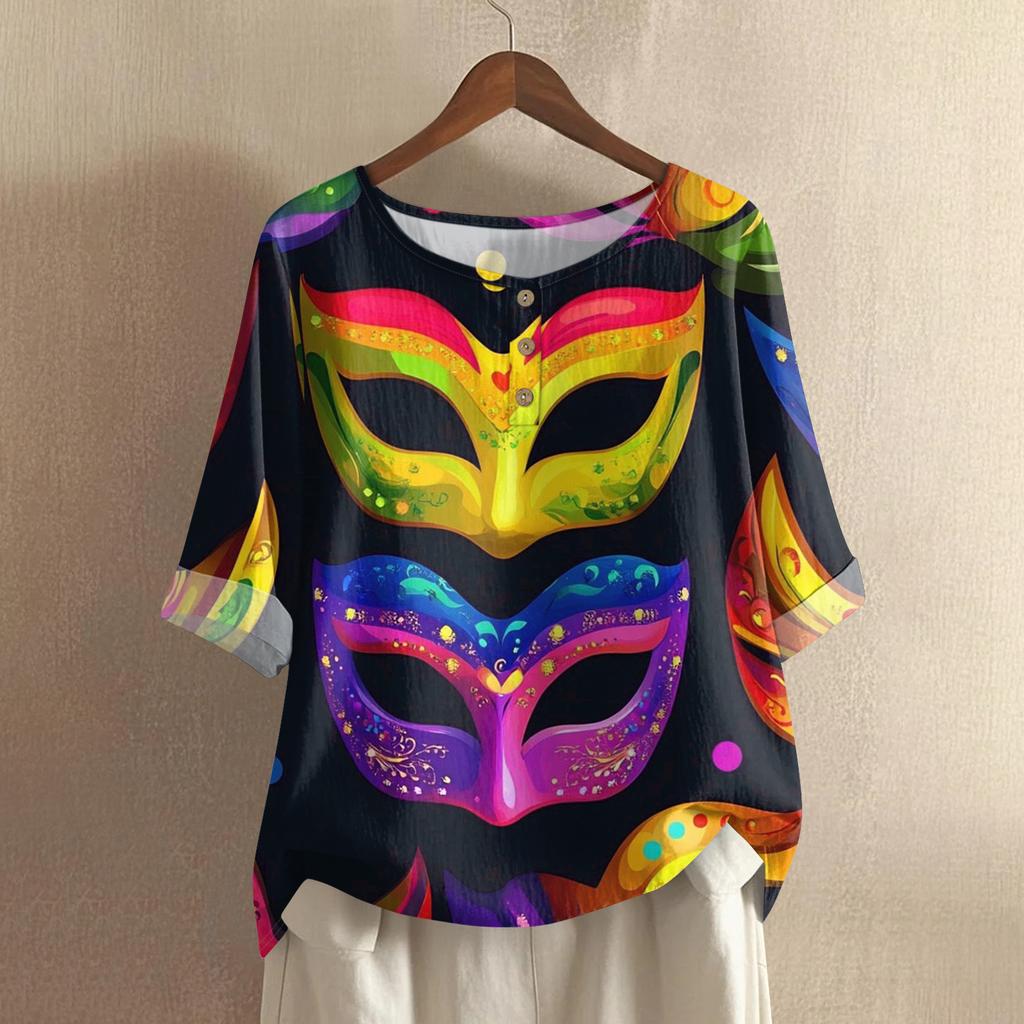 Women's Carnival Printed Casual Mid Sleeve Round Neck Cotton And Hemp Top