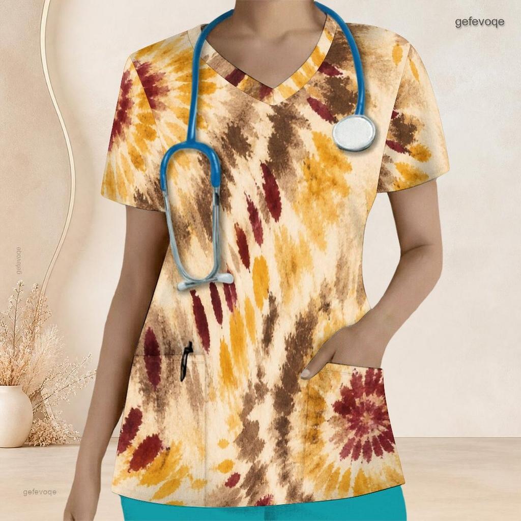 Top de uniforme de enfermera con estampado abstracto para mujer de talla grande, cuello en V, manga corta, con bolsillos delanteros
