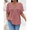 2026 Spring/Summer New Plus Size Solid Color Women's V-Neck T-Shirt Loose Top with Zipper Short Sleeves and Faux Pockets