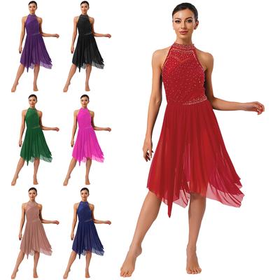 Womens Lyrical Dance Dress Halter Neck Glittery Rhinestone Patchwork Irregular Mesh Ruffled Skirt