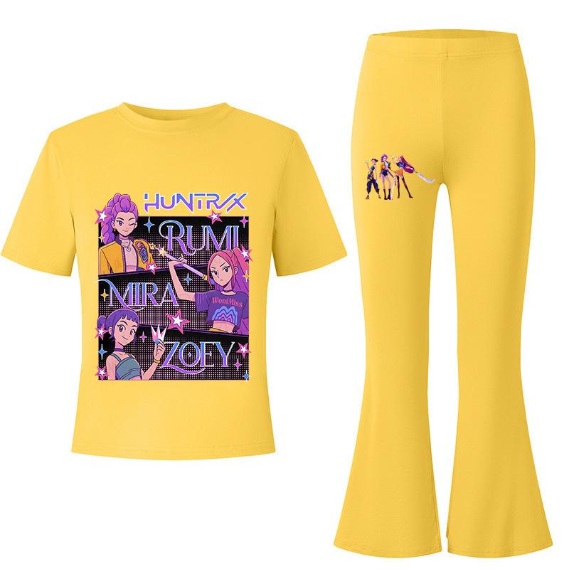 Demon Slayer KPOP Theme Big Kids Summer Short Sleeve T-Shirt + Draped Flared Pants Comfortable Non-Sweaty