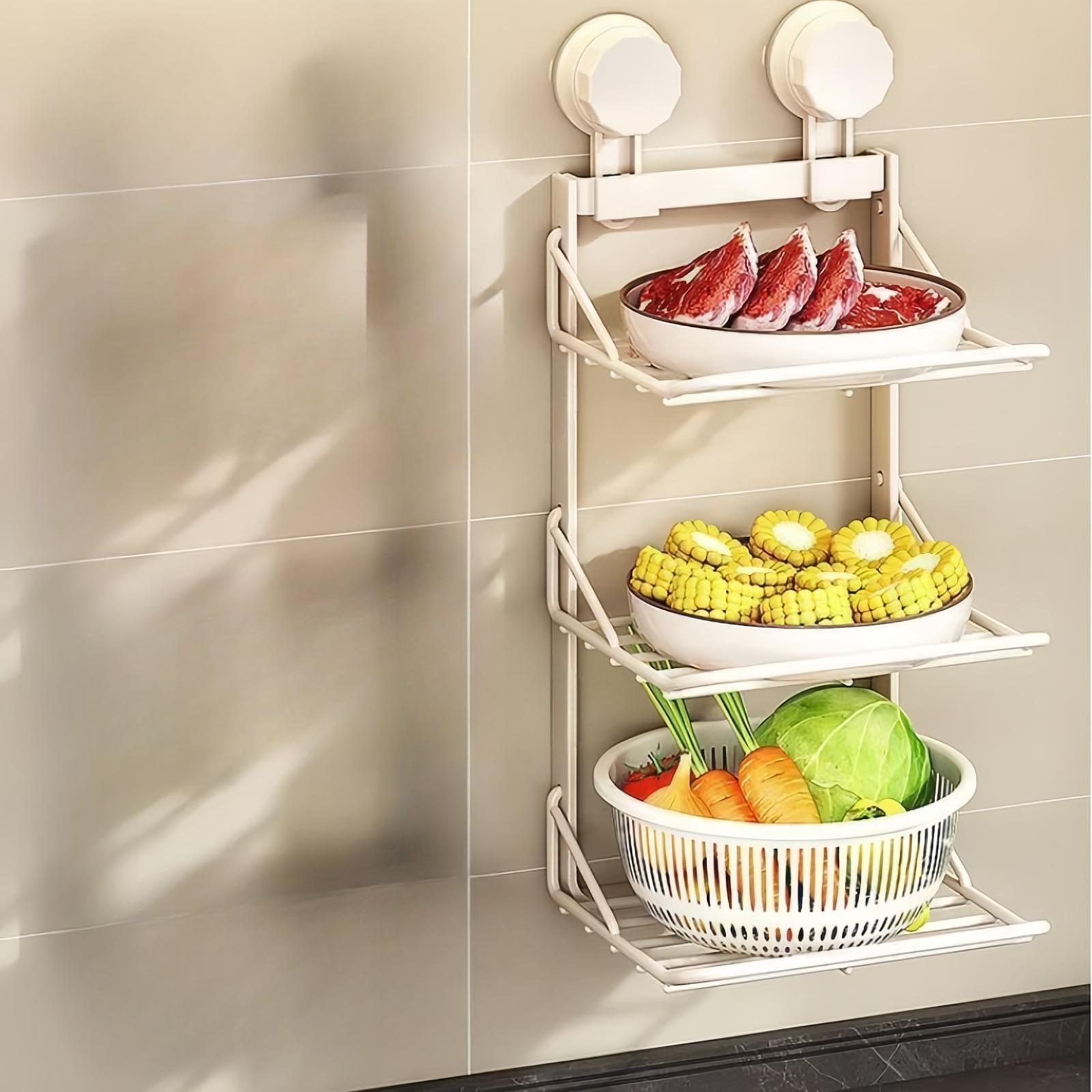 

Складная полка для хранения на присоске для кухни, многоуровневая полка для кастрюль, настенная полка для хранения из углеродистой стали