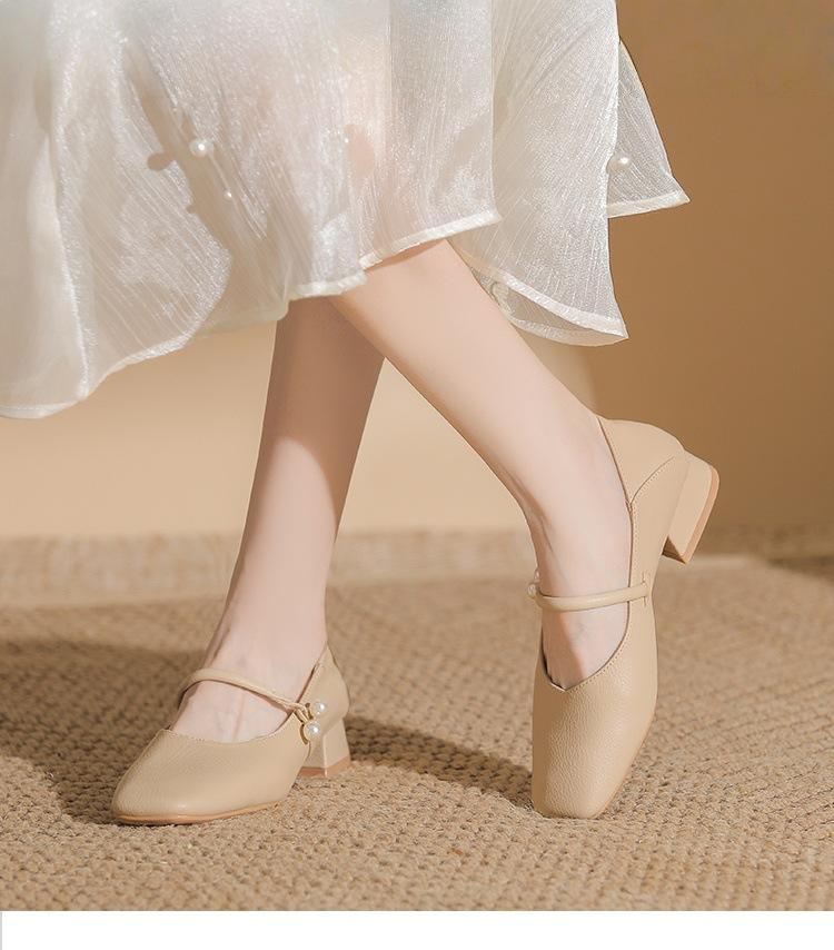 Super soft!! Leather French low heel square head nude Mary Jane shoes cheongsam single shoes work leather shoes commuter women's shoes