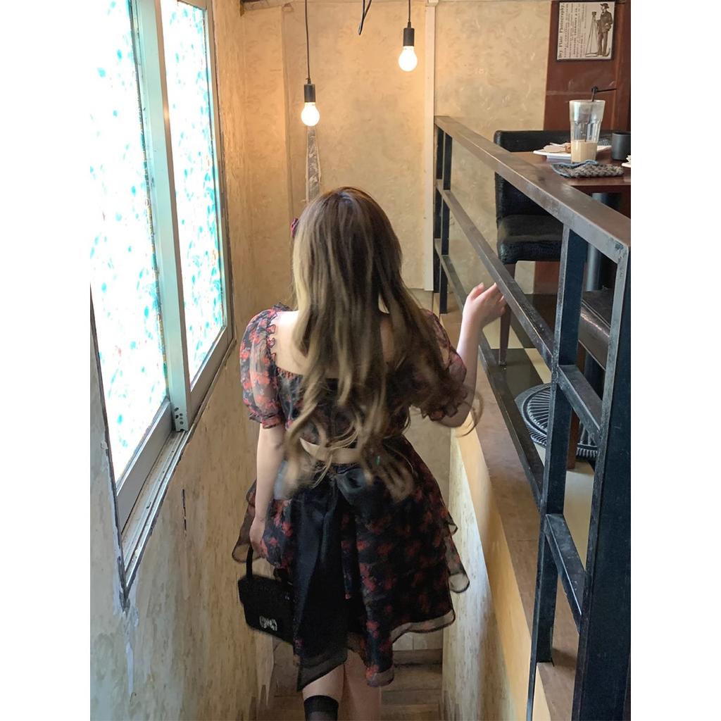 Plus Size Square Neck Short Sleeve Floral Dress for Women Summer Loose Bow Mesh Puff Sleeve Dresses