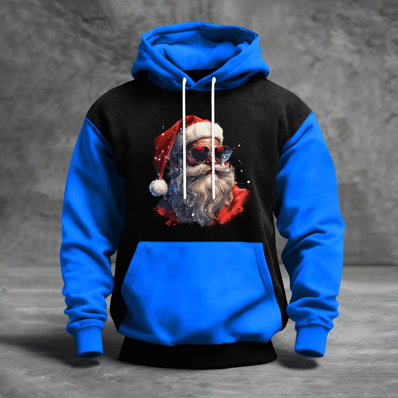 

Чоловічий худі з різдвяним принтом, кольоровий блок, повсякденний спортивний комфортний світшот L синій