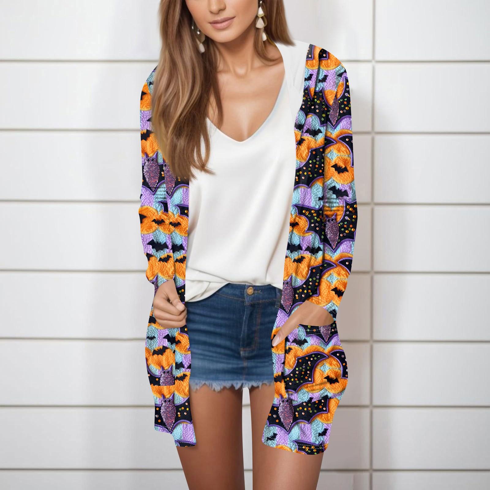 

Женская модная повседневная куртка-кардиган средней длины с длинным рукавом и принтом на Хэллоуин S фиолетовый