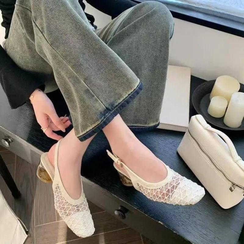 Women's Single Shoes with Heels Strange Style Square Toe Fabric Women's Mules Leisure Breathable All-match Zapatillas De Mujer