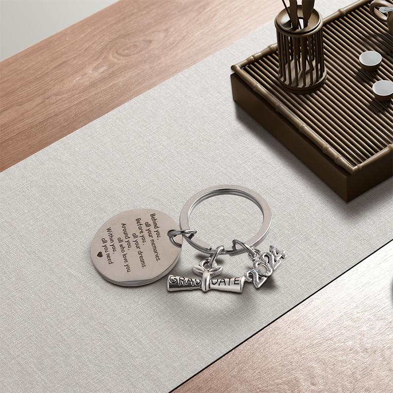 2024 Graduation Doctoral Cap Stainless Steel Engraved Keychain Rings Key Holder Inspirational Language Creative Gift Accessories