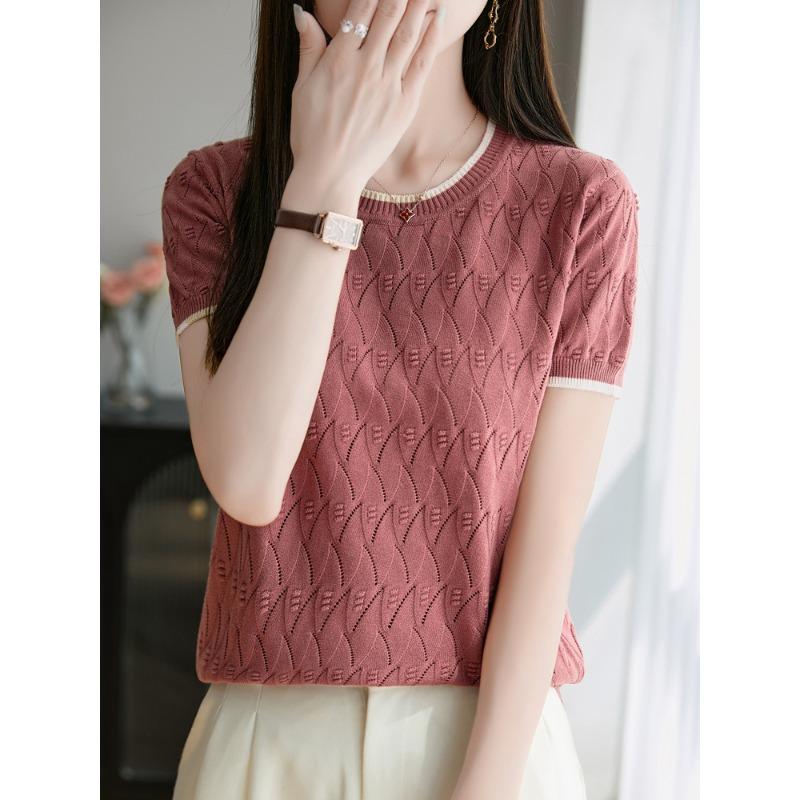 Pure Cotton Round Neck Short-sleeved T-shirt for Women with Versatile Summer New Base Color-blocking Top for Women Hollow