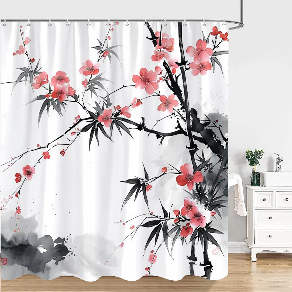 Chinese Japanese Ink Painting Shower Curtain Red Plum Blossom Art Painting Retro Style Polyester Shower Curtains Bathroom Deco