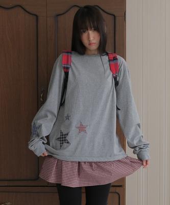 Baniswimeonteu Star Patchwork Long Sleeve Tee_Melange Gray