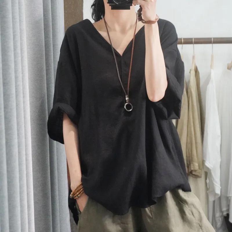Top Casual Estivo a V Scollo Taglie Forti, Ampio, Manica Corta, Monocolore per Donna