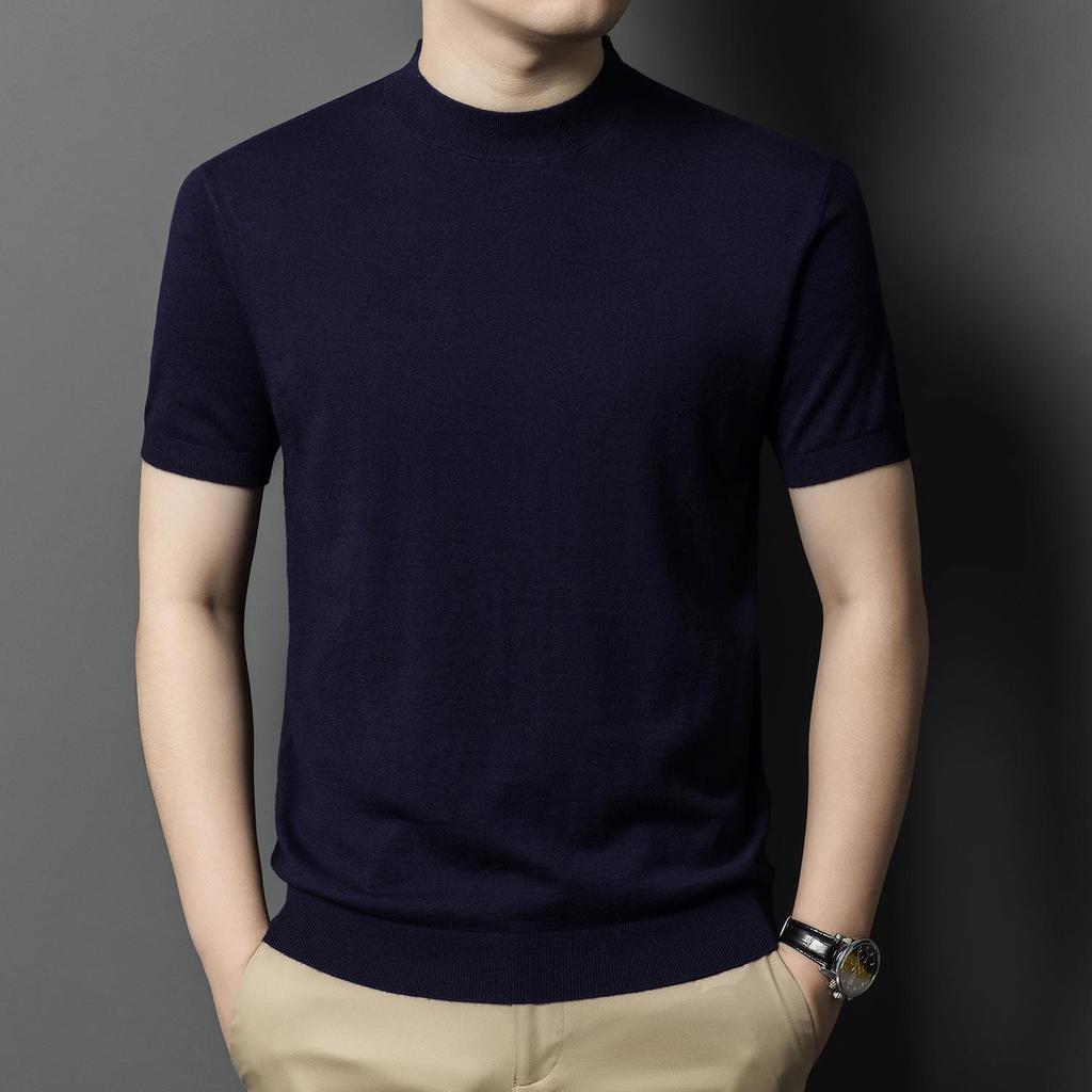 Men's Pure Wool Short-Sleeve Sweater - Lightweight, Half-High Neck Knitwear for Spring/Summer