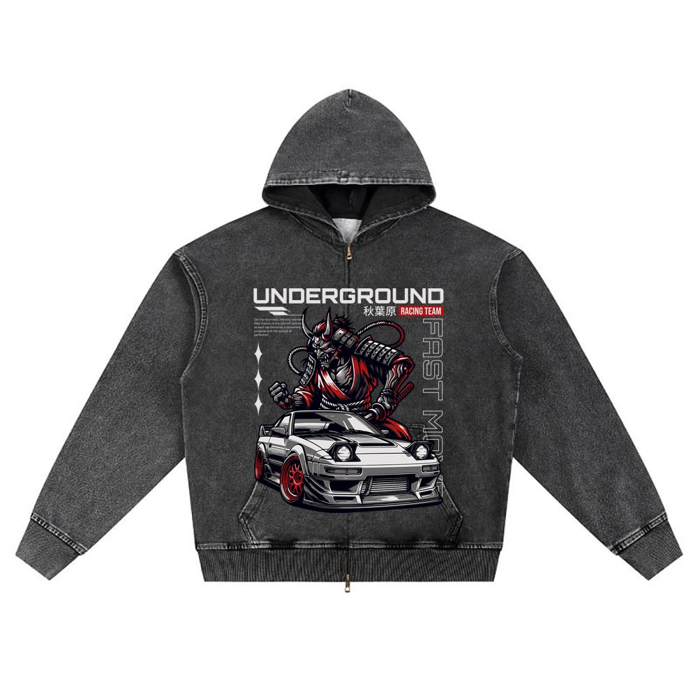 DTG print Knitted Denim Zip-Up Hoodie Underground Brother Print Zipper Hoodies  