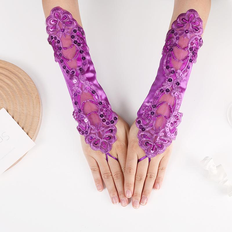 Satin Embroidery Hollow Out Beaded Gloves For Wedding Dresses Sequins Fingerless Wedding Accessories Elegant Bridal Gloves