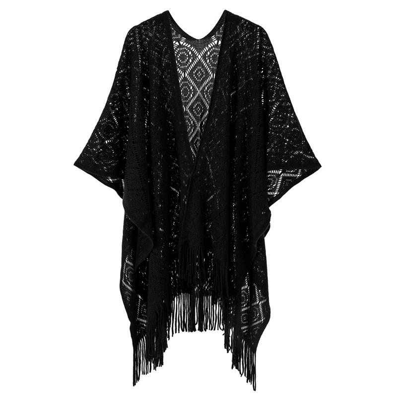 Autumn Winter Hollow Crochet Scarf Women Lady Layers Poncho Elegant Solid Tassel Shawl Scarve Capa Para Mujer Fashion Party New