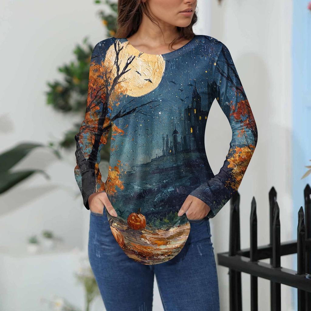 Women's Loose Fit Long Sleeve T-Shirt with Retro Halloween Print, Neck Pullover Top