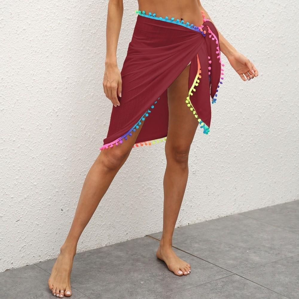 Colorful Pompom Tassel Skirt Bikini Cover Chiffon Swimsuit Sarong Sheer Mesh Skirt Beach Vacation