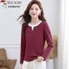 Woodpecker Women's Faux Two-Piece Henley Neck Long Sleeve T-Shirt
