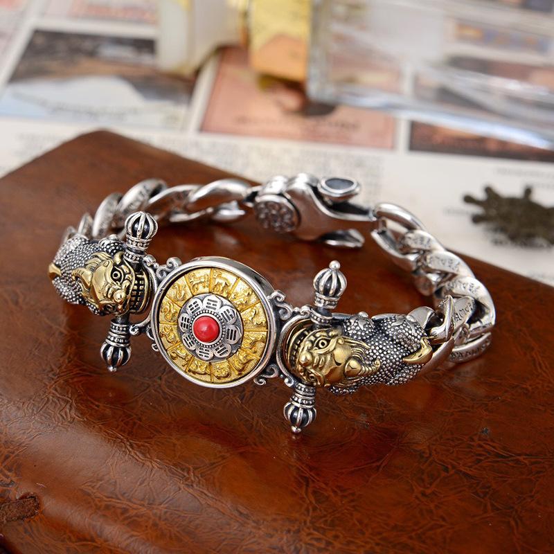 Versilbert Modisches Männliches Pixiu Persönlichkeit mit Sechs-Zeichen-Mantra Kette Körper, Drehbarer Pixiu Armband in Der Mitte 2026