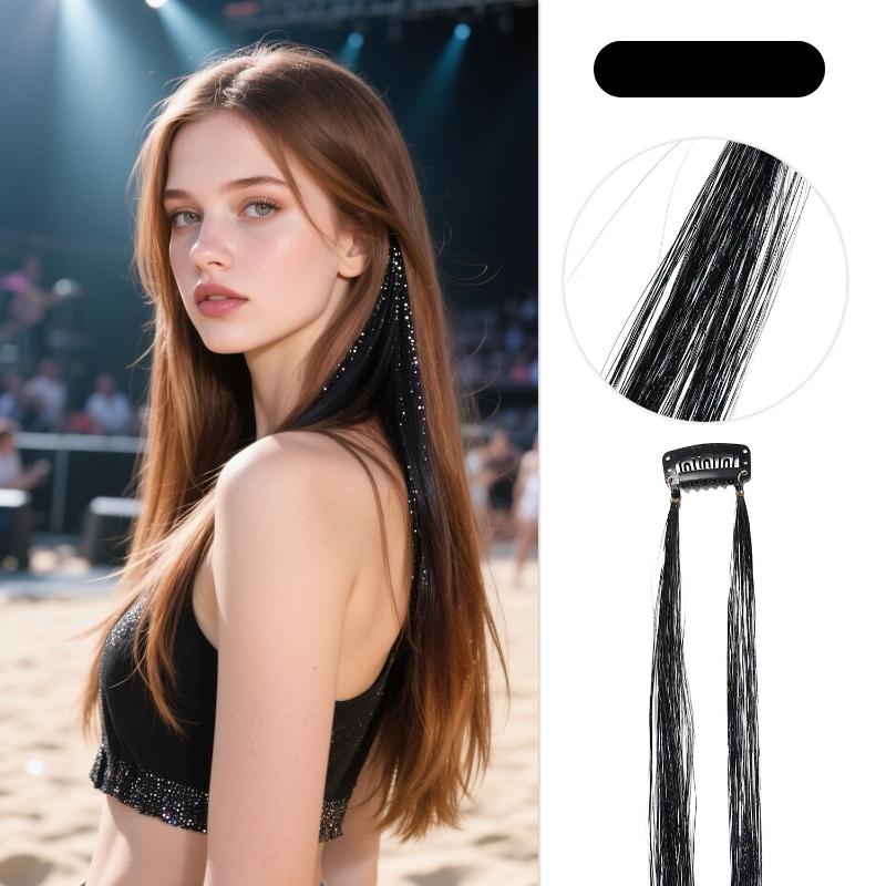 2pcs/set Laser Silk Colorful Hair Piece Extension Colorful Fake Hair Clip in One Piece Hairpiece Colorful Holographic Hair Tinsel Glitter Fairy